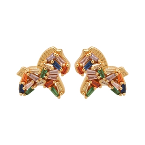 Gold-plated puppy earrings featuring colorful rectangular cubic zirconia gemstones
