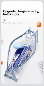 Top view of a large clear pencil case filled with blue stationery and pens