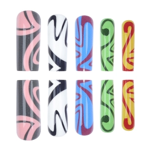 Graffiti long coffin press-on nails with colorful abstract geometric wave patterns