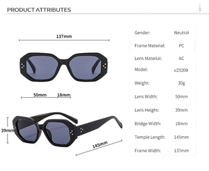Detailed size chart of black hexagonal sunglasses with lens and frame measurements