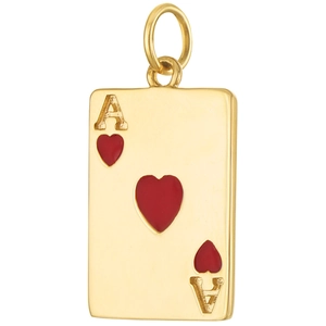 Detailed close-up of golden Ace of Hearts poker card pendant with red enamel detailing