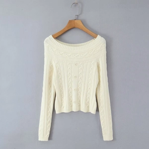 Ensemble pull en maille torsadée crème à épaules dénudées avec boutons