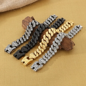 Men Stainless Steel Chain Bracelet Vintage Carved Totem Punk Rock Cuban Link Heavy Metal Wristband Jewelry