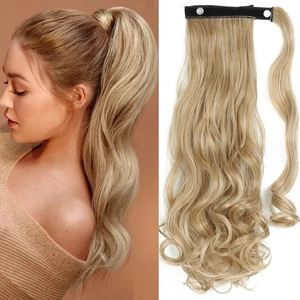 Long wavy golden blonde ponytail extension with wrap-around velcro and natural curls