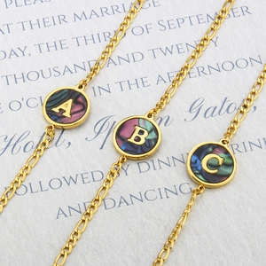 18k gold plated round abalone shell initial charm bracelet with Figaro chain links