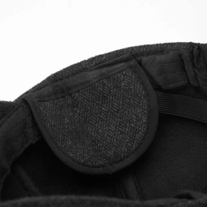 Detail view of winter baseball cap interior featuring warm ear flaps and elastic band