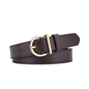 Detail of dark brown leather belt featuring a classic golden D-shaped needle buckle