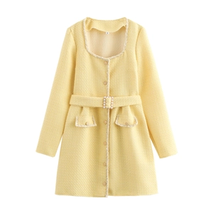 Elegant Yellow Tweed Long Sleeve Mini Dress Square Neck With Artificial Pearl Belt High Waist Chanel Style Slim Fit For Women