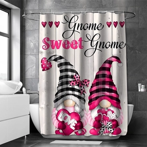 Detail of waterproof polyester shower curtain with Valentine gnomes on wood background