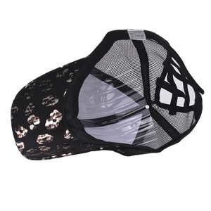 Detail showing the inner mesh structure and criss-cross elastic bands of the leopard cap