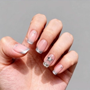 Press On Nails Silver French Tip Star Moon Design Rhinestones Sweet Aurora Metallic Decal ABS Artificial Finger Nails Women