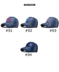 Detail display of Angel Story heart embroidery on four colors of washed denim baseball caps