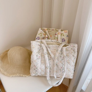 Floral Quilted Cotton Tote Bag Large Capacity French Style Soft Shoulder Handbag For Women Travel Daily