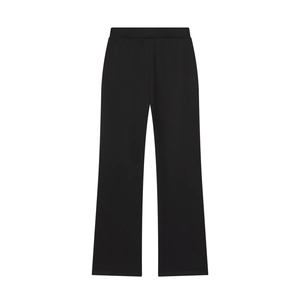 Detail view of high-waist black wide-leg trousers with elastic waistband and solid color