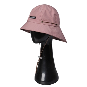Pink nylon outdoor sun hat with checkered texture and windproof chin strap