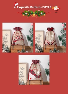 Detail of burlap Christmas gift bags with reindeer prints and drawstring closure