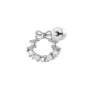 Silver bow wreath cartilage earring with micro-set zircons and screw back stud design