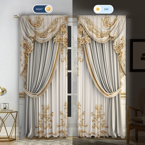 Day and night comparison showing blackout effect of luxury gold floral pattern curtains