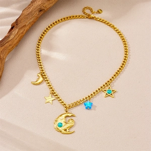 Gold stainless steel moon and owl pendant chain necklace with turquoise star details
