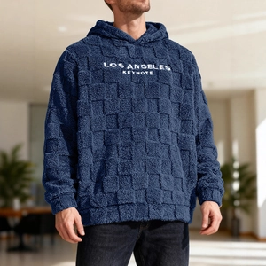 Navy blue heavy hooded sweatshirt for men with Los Angeles embroidery and textured fabric