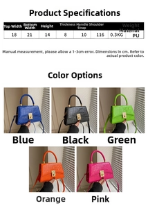 Detail view of crocodile pattern PU leather handbags in blue, black, green and orange