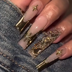 French Tip Gold Mirror Long Coffin Press On Nails Luxury Rhinestone Pink Nude 3D Star Charm Artificial Nails For Women