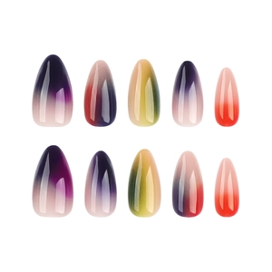 Rainbow ombre almond press-on nails set with glossy multi-color gradient finish