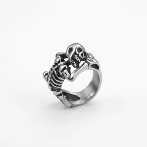 Skull Skeleton Ring Vintage Stainless Steel Punk Gothic Retro Biker Jewelry For Men Halloween Party Hip Hop