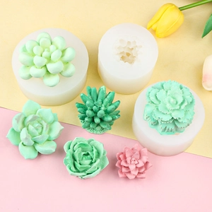 Succulent shaped silicone DIY molds with finished resin crafts on a colorful background