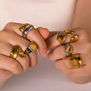 Polished silver and 18K gold plated titanium steel geometric rings for women