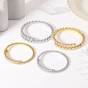Adjustable gold and silver stainless steel bangles with sparkling zircon crystals