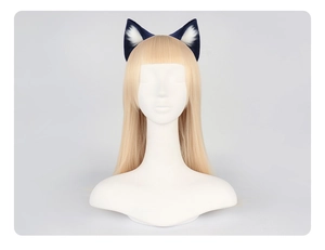 Detail of dark blue and white plush cat ear headband on a blonde wig for cosplay