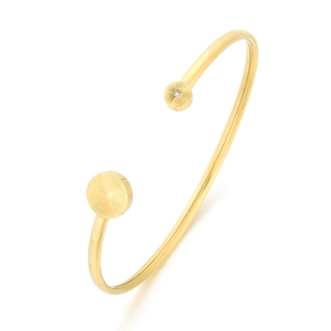 Gold stainless steel C-shaped open bracelet featuring sunburst pattern and crystal inlay