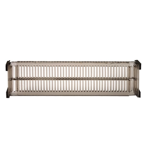 Smoky grey translucent expandable drawer divider with vertical grid design and black end caps