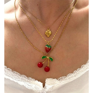 Edelstahl Frucht Halskette 18K Vergoldet Emaille Kirsche Erdbeere Anhänger Perlenkette Süßer Schmuck Für Damen