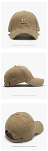 Detailed views of khaki baseball cap with 3D letter R embroidery and adjustable metal buckle