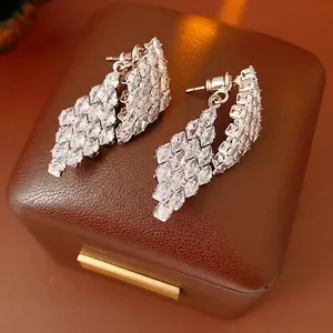 Luxury rhodium-plated rhombus earrings with marquise-cut zircons for elegant formal wear