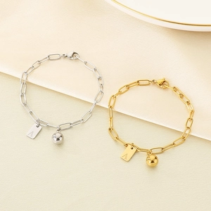 Bracelets chaîne trombone en or 18K et argent avec pendentif lettre A et breloques boules
