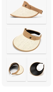 Detailed four-way view of a woven straw sun visor with a metallic G logo and fabric band