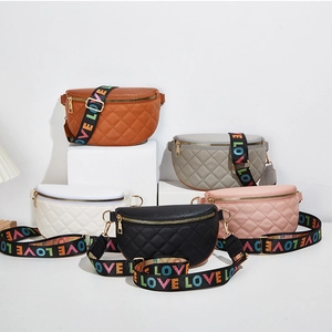 Women Quilted PU Leather Waist Bag With Colorful Love Letter Print Wide Strap Casual Fashion Fanny Pack Chest Bag