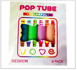 Close-up of 6-pack medium colorful glowing pop tubes packaging with light-up features