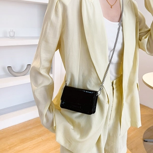 Mini black crocodile pattern patent leather chain crossbody bag with silver strap