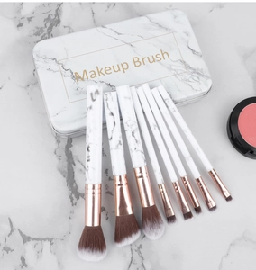 Detail of 8pcs marble makeup brush set with soft bristles and rose gold ferrule