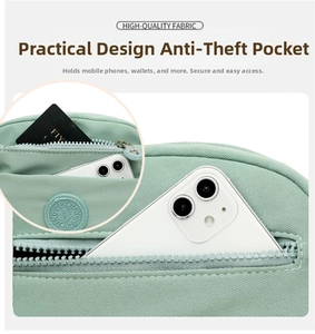 Detailed view of the anti-theft back pocket on a green nylon crossbody travel bag