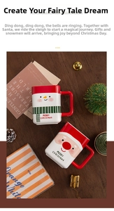Detail of Christmas ceramic mugs with Santa and Snowman motifs on a rustic wooden table