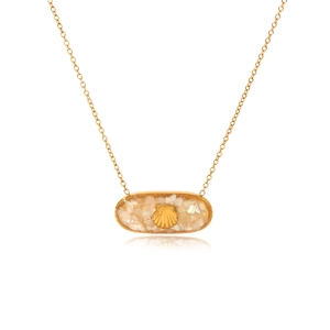 Detail of gold chain necklace featuring a pink crushed shell pendant with a shell motif