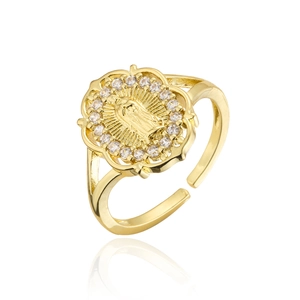 Detail of gold-plated Virgin Mary open ring with sparkling zircon halo and wavy edge