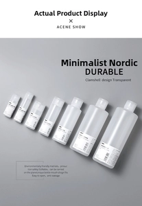 Close-up of translucent frosted squeeze bottles with clamshell lids in various sizes