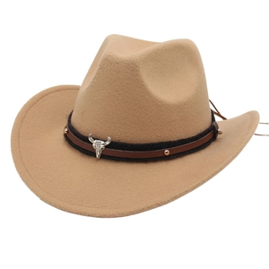 Cappello Da Cowboy Western In Feltro Di Lana Con Distintivo Teschio Di Toro Cintura Decorativa Stile Etnico Retrò
