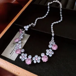 Vintage style floral necklace with pink and white cubic zirconia in black gift box